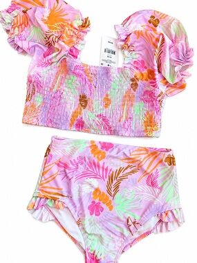Cotton On Pink Tropical Print Smocked Swim Bikini full coverage Size 13-14 NEW